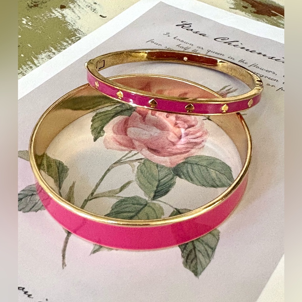 EUC Kate Spade Pink and Gold "Spot the Spade" Studded Hinged Bangle Bracelet Duo